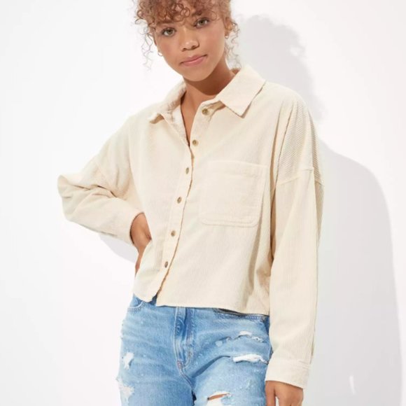 American Eagle Outfitters Tops - AE Corduroy Cropped Button Up Shirt Cream Size Large